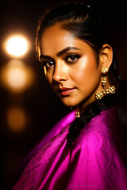 extreme closeup portrait of beautiful mrunalt woman <lora:mrunalt:1> black hair pigtails lips pressed (serious:1.2) look (bright side light rim light:1.2) net runner jacket deep dark shadows dramatic camera angle high contrast color grading (masterpiece:1.2) (photorealistic:1.2) (bokeh:1.2) (best quality) (detailed skin:1.3) (intricate details) (8k) (HDR) (cinematic lighting) (sharp focus) (80sDarkFantasySD15b:1.2)