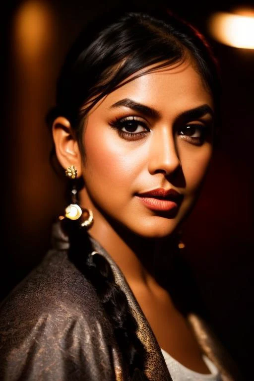 extreme closeup portrait of beautiful mrunalt woman <lora:mrunalt:1> black hair pigtails lips pressed (serious:1.2) look (bright side light rim light:1.2) net runner jacket deep dark shadows dramatic camera angle high contrast color grading (masterpiece:1.2) (photorealistic:1.2) (bokeh:1.2) (best quality) (detailed skin:1.3) (intricate details) (8k) (HDR) (cinematic lighting) (sharp focus) (80sDarkFantasySD15b:1.2)