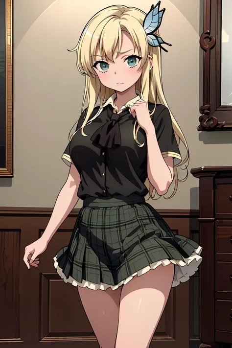 (masterpiece, best quality),  <lora:kashiwazaki_sena_v1:0.8> aasena, long hair, hair ornament, large breasts, black neckerchief, shirt, short sleeves, plaid skirt, green skirt,