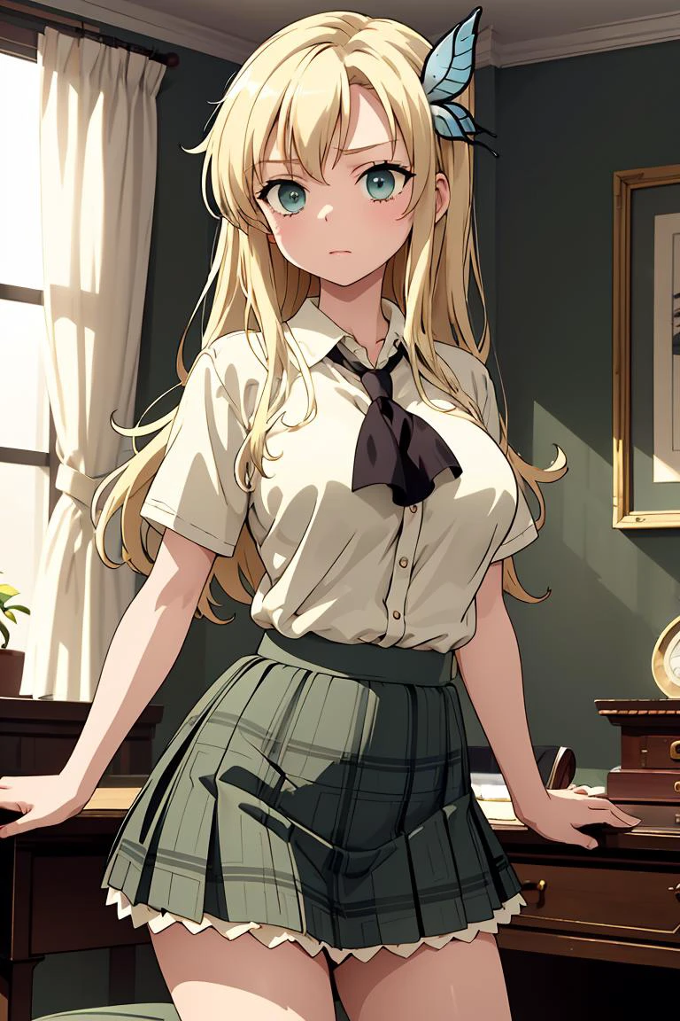 (masterpiece, best quality), <lora:kashiwazaki_sena_v1:0.8> aasena, long hair, hair ornament, large breasts, black neckerchief, shirt, short sleeves, plaid skirt, green skirt,