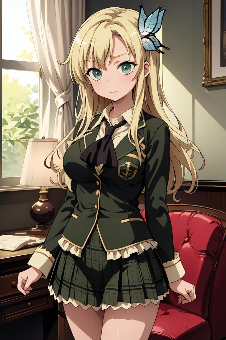 (masterpiece, best quality), <lora:kashiwazaki_sena_v1:0.8> aasena, long hair, hair ornament, large breasts, black neckerchief, blazer, green jacket, plaid skirt, green skirt,