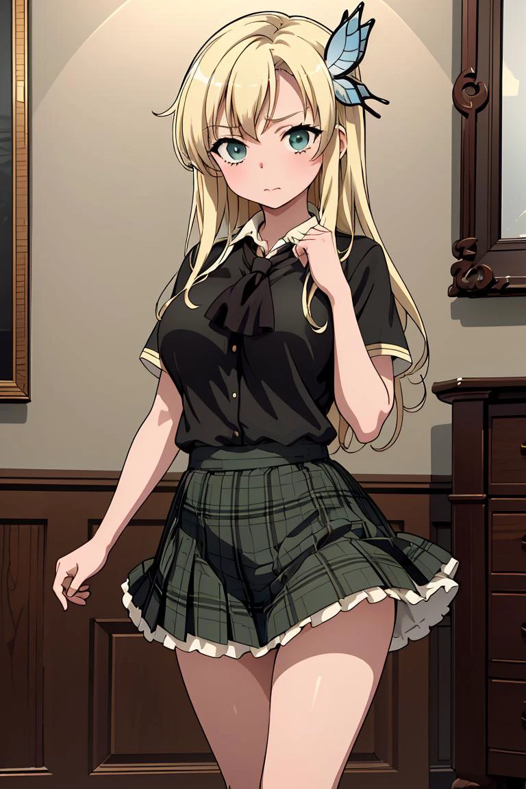 (masterpiece, best quality), <lora:kashiwazaki_sena_v1:0.8> aasena, long hair, hair ornament, large breasts, black neckerchief, shirt, short sleeves, plaid skirt, green skirt,