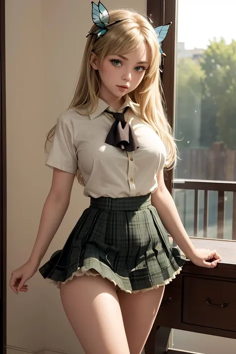 (masterpiece, best quality),  <lora:kashiwazaki_sena_v1:0.8> aasena, long hair, hair ornament, large breasts, black neckerchief, shirt, short sleeves, plaid skirt, green skirt,