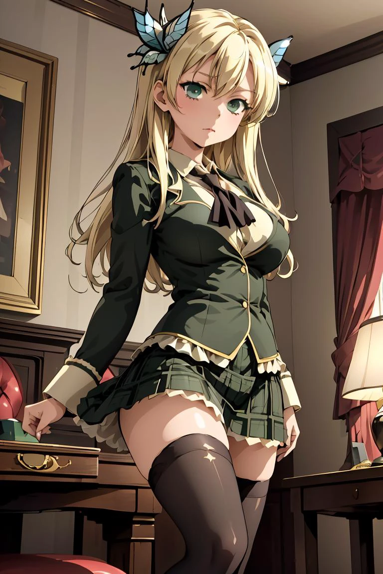 (masterpiece, best quality), <lora:kashiwazaki_sena_v1:0.8> aasena, long hair, hair ornament, large breasts, black neckerchief, blazer, green jacket, plaid skirt, green skirt,
