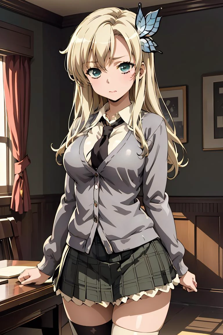 (masterpiece, best quality), <lora:kashiwazaki_sena_v1:0.8> , aasena, long hair, hair ornament, large breasts, black necktie, collared shirt, grey cardigan, plaid skirt, green skirt,