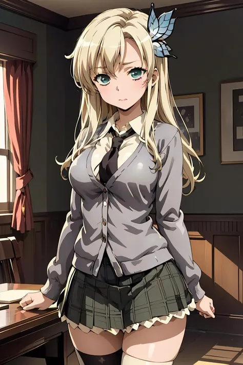 (masterpiece, best quality),  <lora:kashiwazaki_sena_v1:0.8> , aasena, long hair, hair ornament, large breasts, black necktie, collared shirt, grey cardigan, plaid skirt, green skirt,