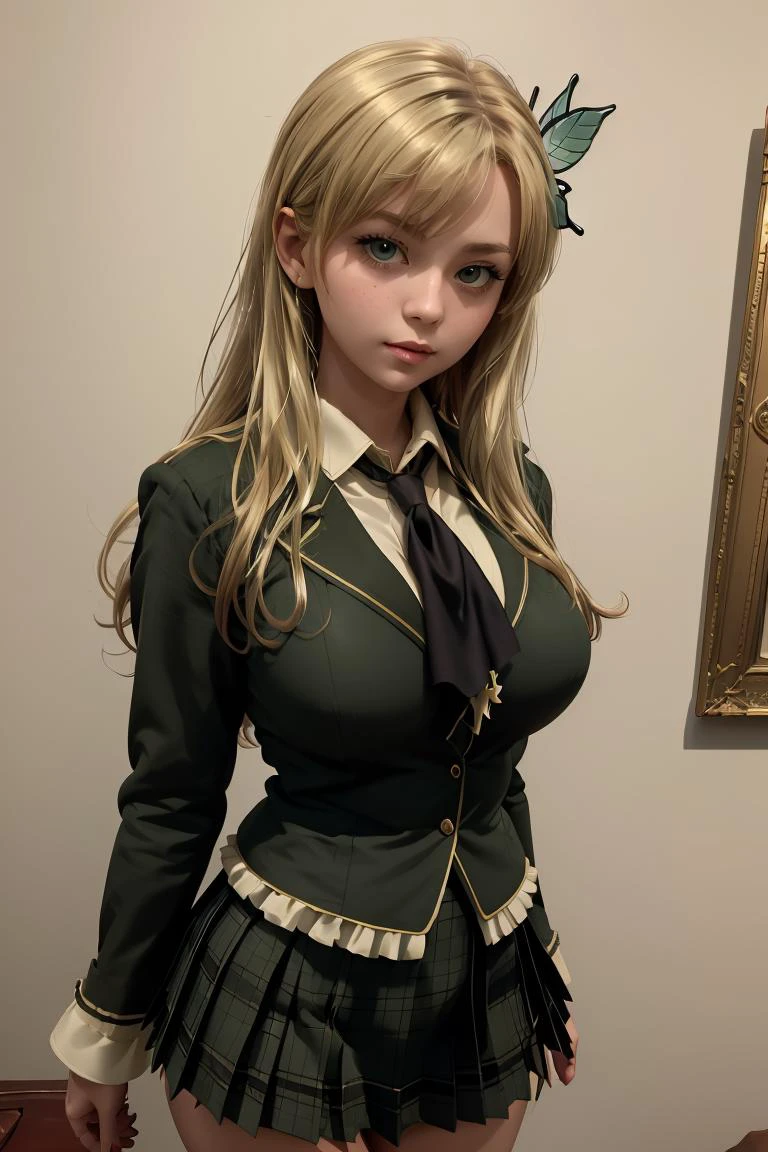 (masterpiece, best quality), <lora:kashiwazaki_sena_v1:0.8> aasena, long hair, hair ornament, large breasts, black neckerchief, blazer, green jacket, plaid skirt, green skirt,