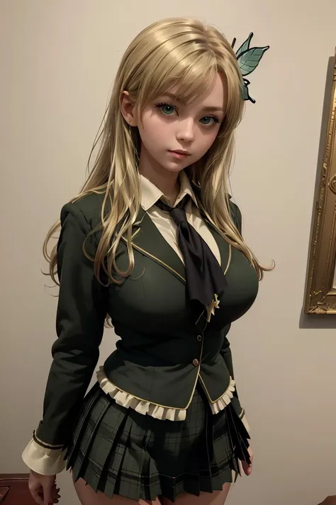 (masterpiece, best quality),  <lora:kashiwazaki_sena_v1:0.8> aasena, long hair, hair ornament, large breasts, black neckerchief, blazer, green jacket, plaid skirt, green skirt,