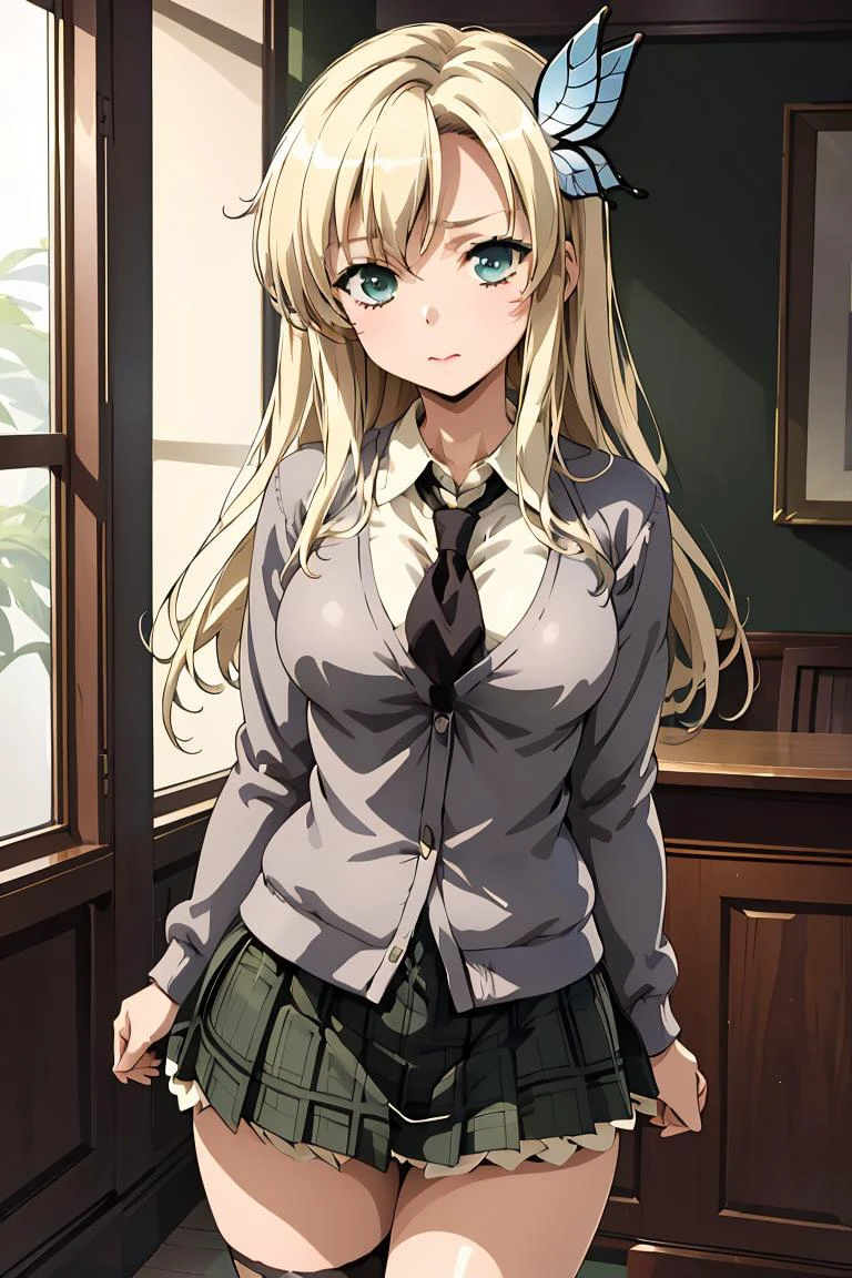 (masterpiece, best quality), <lora:kashiwazaki_sena_v1:0.8> , aasena, long hair, hair ornament, large breasts, black necktie, collared shirt, grey cardigan, plaid skirt, green skirt,
