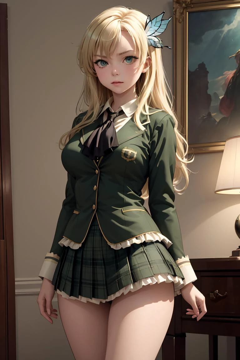 (masterpiece, best quality), <lora:kashiwazaki_sena_v1:0.8> aasena, long hair, hair ornament, large breasts, black neckerchief, blazer, green jacket, plaid skirt, green skirt,
