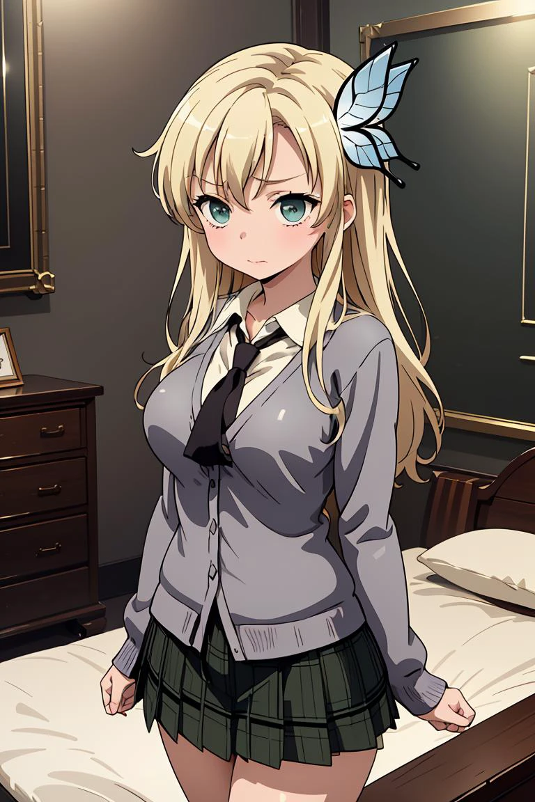 (masterpiece, best quality), <lora:kashiwazaki_sena_v1:0.8> , aasena, long hair, hair ornament, large breasts, black necktie, collared shirt, grey cardigan, plaid skirt, green skirt,