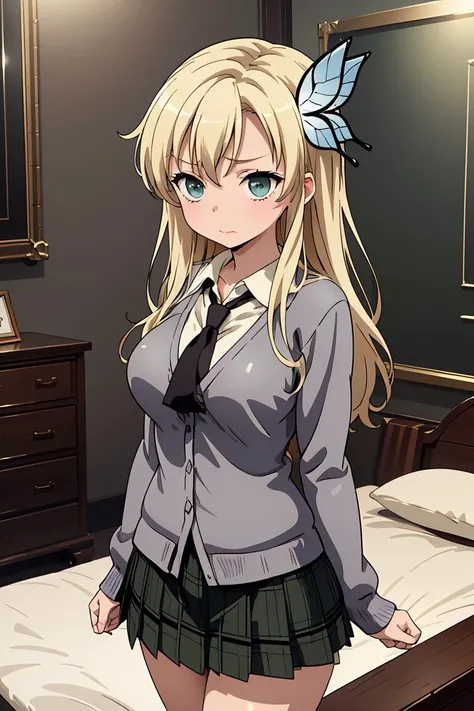 (masterpiece, best quality),  <lora:kashiwazaki_sena_v1:0.8> , aasena, long hair, hair ornament, large breasts, black necktie, collared shirt, grey cardigan, plaid skirt, green skirt,