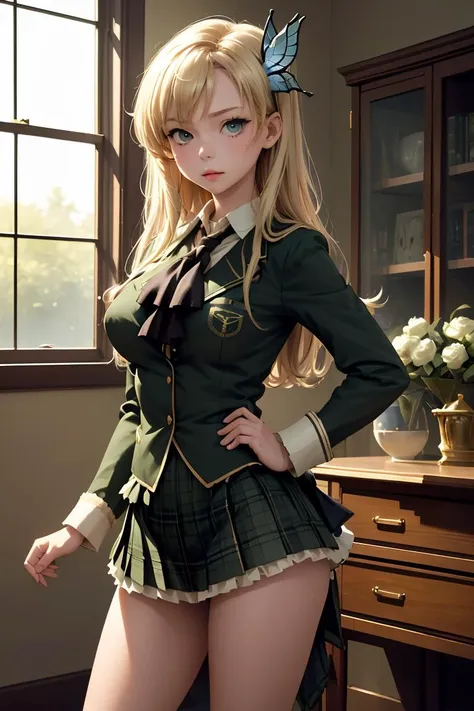 (masterpiece, best quality),  <lora:kashiwazaki_sena_v1:0.8> aasena, long hair, hair ornament, large breasts, black neckerchief, blazer, green jacket, plaid skirt, green skirt,