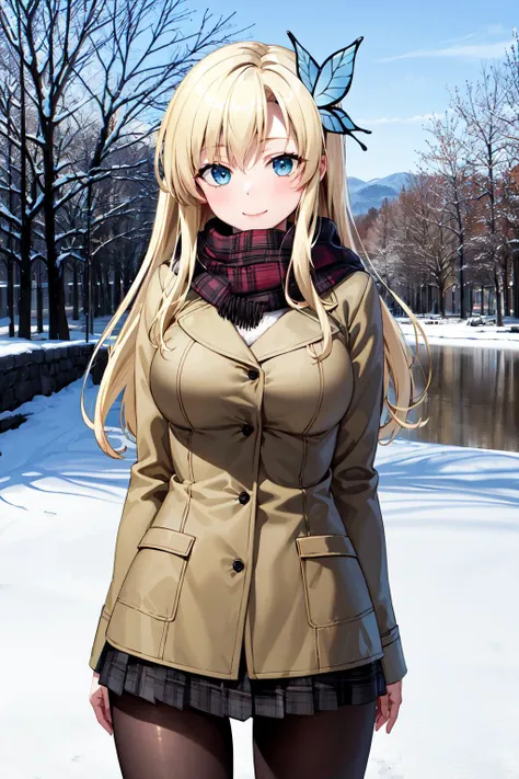 masterpiece, best quality, highres, aasena, long hair, hair ornament, large breasts, <lora:kashiwazaki_sena_v1:0.7>, winter clothes, scarf, pantyhose, snow, tree, park, smile