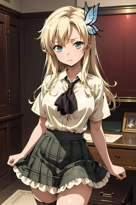 (masterpiece, best quality),  <lora:kashiwazaki_sena_v1:0.8> aasena, long hair, hair ornament, large breasts, black neckerchief, shirt, short sleeves, plaid skirt, green skirt,