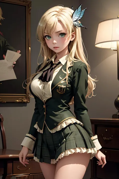 (masterpiece, best quality), <lora:kashiwazaki_sena_v1:0.8> aasena, long hair, hair ornament, large breasts, black neckerchief, blazer, green jacket, plaid skirt, green skirt,