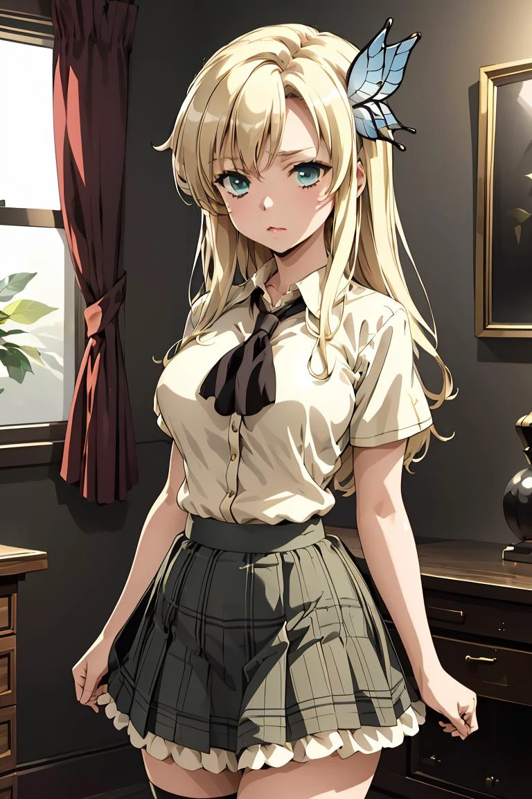 (masterpiece, best quality), <lora:kashiwazaki_sena_v1:0.8> aasena, long hair, hair ornament, large breasts, black neckerchief, shirt, short sleeves, plaid skirt, green skirt,