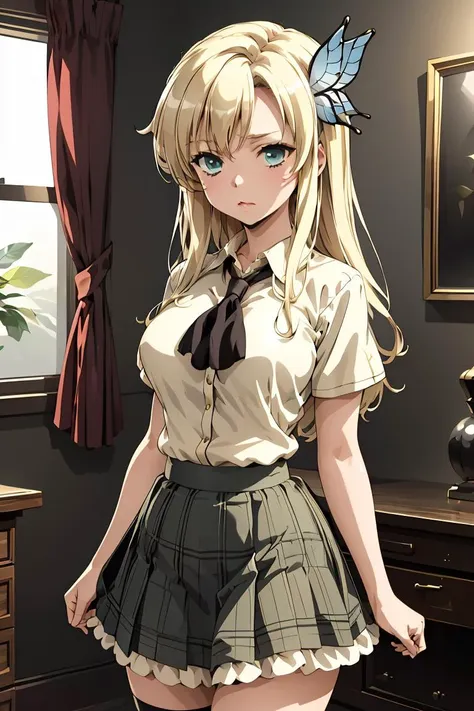 (masterpiece, best quality),  <lora:kashiwazaki_sena_v1:0.8> aasena, long hair, hair ornament, large breasts, black neckerchief, shirt, short sleeves, plaid skirt, green skirt,