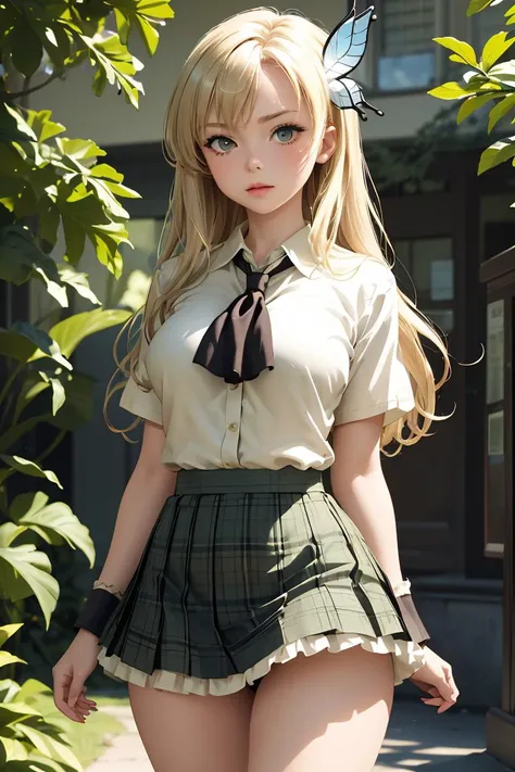 (masterpiece, best quality),  <lora:kashiwazaki_sena_v1:0.8> aasena, long hair, hair ornament, large breasts, black neckerchief, shirt, short sleeves, plaid skirt, green skirt,