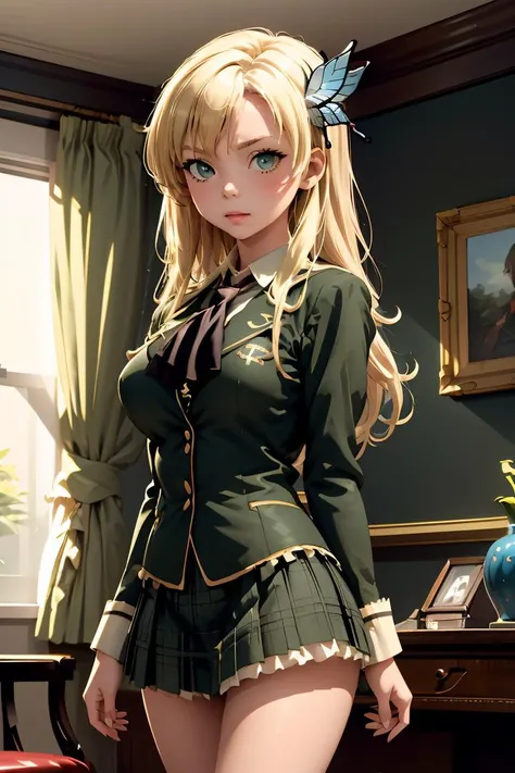 (masterpiece, best quality), <lora:kashiwazaki_sena_v1:0.8> aasena, long hair, hair ornament, large breasts, black neckerchief, blazer, green jacket, plaid skirt, green skirt,
