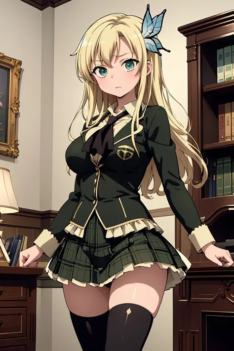 (masterpiece, best quality), <lora:kashiwazaki_sena_v1:0.8> aasena, long hair, hair ornament, large breasts, black neckerchief, blazer, green jacket, plaid skirt, green skirt,