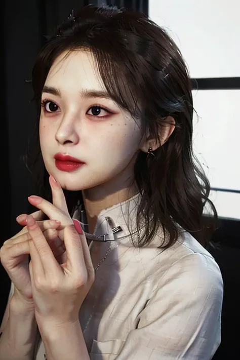 ((masterpiece)),((bestquality)),8k,high detailed,ultra-detailed,photography,award winning,documentary,Original Photo,extreme detail description,Realisticity,1girl,<lora:MartinaV2:0.8>,(((solo))),slim,thin,adult,beautiful face,real skin texture,well-proportioned hands,thin,lipstick,make up,eyeliner,eyelashes,nail polish,earrings,Looking Away,looking away,[Task lighting|Fresnel lighting|hard lighting|Wall wash lighting],Giggling,