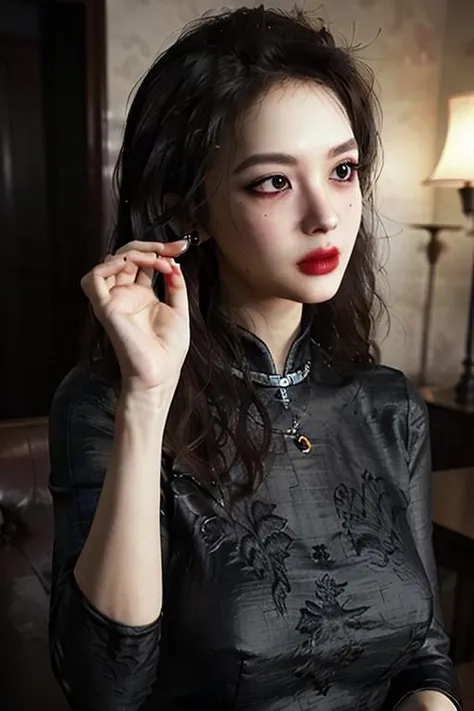 ((masterpiece)),((bestquality)),8k,high detailed,ultra-detailed,photography,award winning,documentary,Original Photo,extreme detail description,Realisticity,1girl,<lora:MartinaV2:0.8>,(((solo))),slim,thin,adult,beautiful face,real skin texture,well-proportioned hands,thin,lipstick,make up,eyeliner,eyelashes,nail polish,earrings,Gradient,looking away,[Emergency lighting|Naturalistic lighting|neon light|Umbrella lighting],Happy Halloween,
