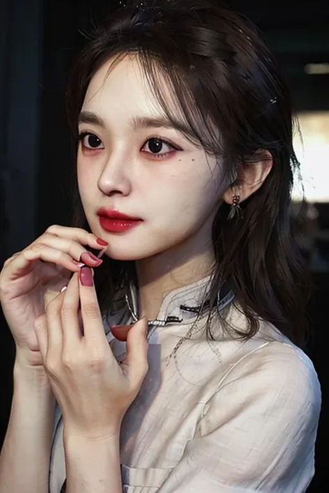 ((masterpiece)),((bestquality)),8k,high detailed,ultra-detailed,photography,award winning,documentary,Original Photo,extreme detail description,Realisticity,1girl,<lora:MartinaV2:0.8>,(((solo))),slim,thin,adult,beautiful face,real skin texture,well-proportioned hands,thin,lipstick,make up,eyeliner,eyelashes,nail polish,earrings,Sideways Glance,looking away,[Shelf lighting|Zoom lighting|outer space view|Tilt lighting],Evil Smile,