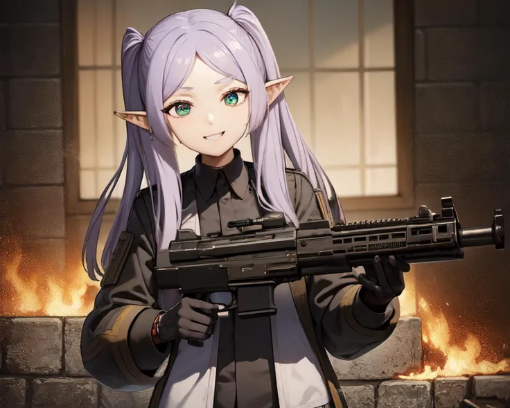 <lyco:Freien-NAI-LyCORIS:0.7>
evil_smile freien holding a machinegun about to kill ALL of the demons