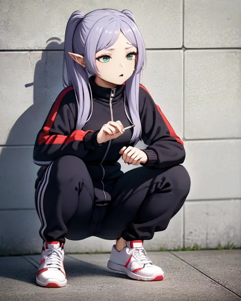 <lyco:Freien-NAI-LyCORIS:0.7>
freien, 1girl, squatting, smoking a cigarette, holding cigarette, smoke, wearing black (tracksuit, sneakers), striped, bored