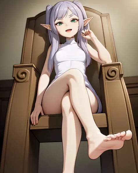 <lyco:Freien-NAI-LyCORIS:0.7>
freien, 1girl, sitting on a throne, crossed legs, from below, barefoot, toes, \:\D, v_eyebrows, evil, smirk