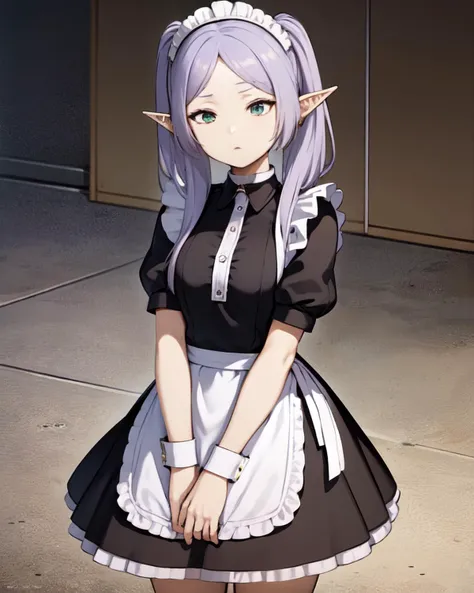 <lyco:Freien-NAI-LyCORIS:0.7>
freien, 1girl, solo, v_arms, expressionless, blank_eyes, wearing (maid uniform, maid headdress)
