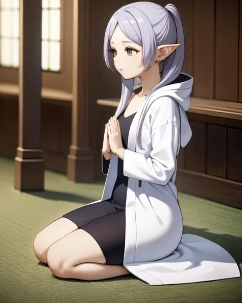 <lyco:Freien-NAI-LyCORIS:0.7>
freien, 1girl, solo, wearing white hooded robe, in church, seiza, praying