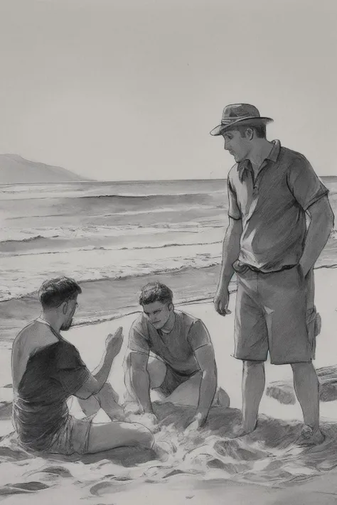 <lora:SKETCHY_JBX:0.6> SKETCHY_JBX A sketch of three men making a sandcastle on a beach