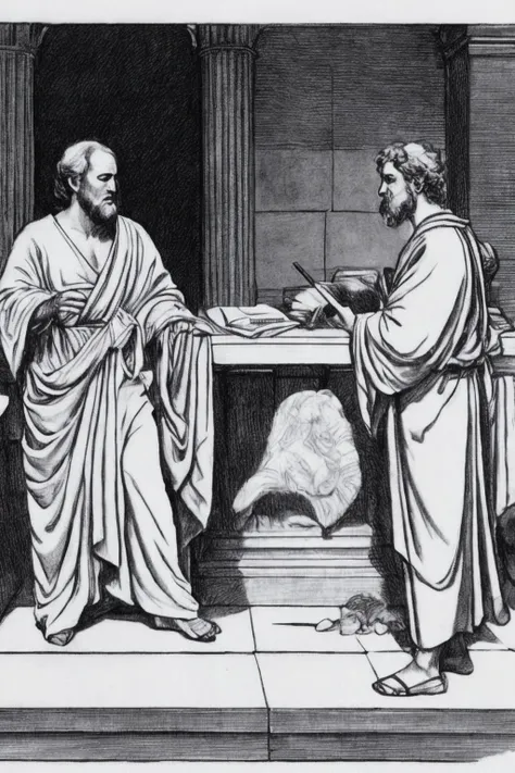 <lora:SKETCHY_JBX:0.8> SKETCHY_JBX a sketch of socrates debating with plato