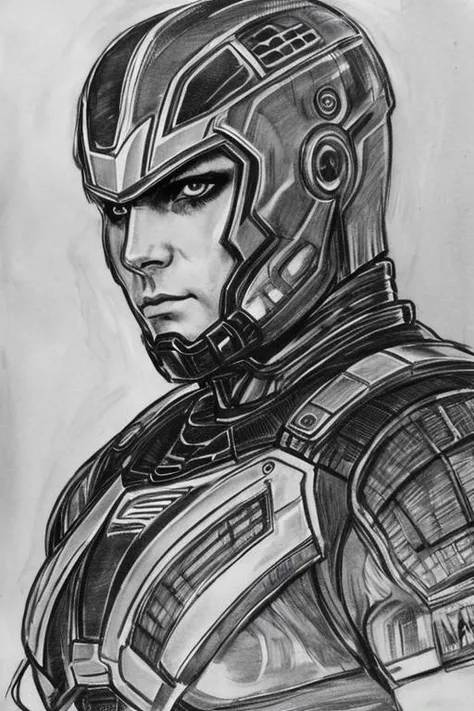 <lora:SKETCHY_JBX:0.5> SKETCHY_JBX a super hero in cybernetic armour, portrait, looking at the camera