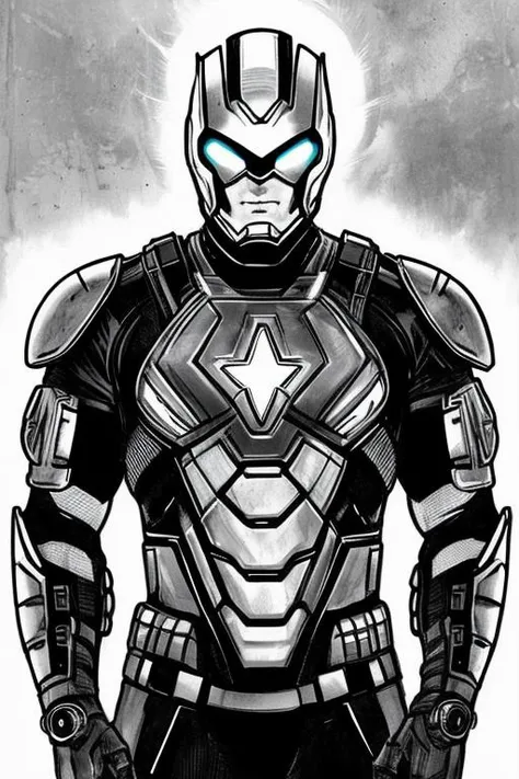 <lora:SKETCHY_JBX:0.5> SKETCHY_JBX a super hero in cybernetic armour, portrait, looking at the camera