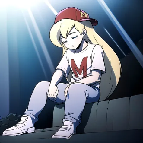 1girl, mighty max, blonde hair, long hair, red hat, white shirt, blue eyes, short sleeves shirt, baseball cap, blue pants, white shoes, <lora:Maxine_MightyMax_Leaf2-10:0.8>, rock, sitting on rock,It's_burned_out,it's_completely_white,pose,greyscale,monochrome, sitting,closed eyes,looking down,comic,silent comic, sunlight,light rays, <lora:It's_burned_out, it's_completely_white001:0.8>