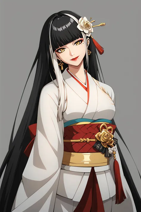 score_9,score_8_up,score_7_up,
BREAK
mature female,1girl,solo,long hair,black hair,grey background,multicolored hair,japanese clothes,white hair,looking at viewer,head tilt,very long hair,mole,red lips,bangs,simple background,kimono,red nails,smile,mole under eye,wide sleeves,sash,blunt bangs,streaked hair,flower,closed mouth,nail polish,standing,dress,makeup,yellow eyes,
BREAK
<lora:neo-pony-000003:0.85>,, masterpiece, best quality,