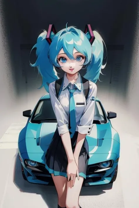 <lora:Sonoda-20:1>hatsune miku, blue hair, twintails, blue eyes, vest, skirt, necktie, car, masterpiece, best quality