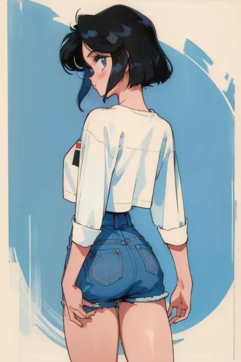 <lora:Sonoda-20:1>retro artstyle, 1girl, from behind, short shorts, ass, masterpiece, best quality