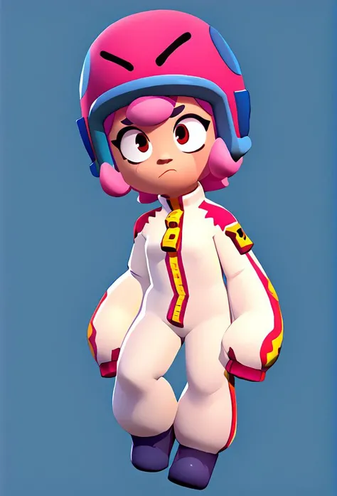 ,score_9, score_8_up, score_7_up, bsbonnie , 1girl, pink hair, short hair, solo , white bodysuit, red helmet, zipper, zipper pull tap <lora:xlbsbonnie:0.8> <lora:brawl_style_1_2_R:0.8> , brawl ,full body, blue background ,sleeves past wrists ,, female ,