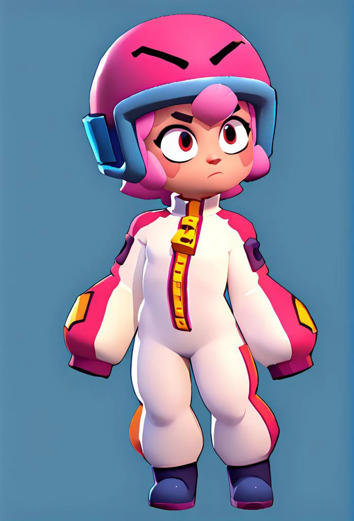 ,score_9, score_8_up, score_7_up, bsbonnie , 1girl, pink hair, short hair, solo , white bodysuit, red helmet, zipper, zipper pull tap <lora:xlbsbonnie:0.8> <lora:brawl_style_1_2_R:0.8> , brawl ,full body, blue background ,sleeves past wrists ,, female ,