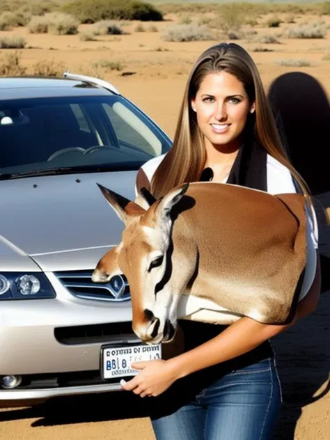 Olympus X300, a woman holding a impala