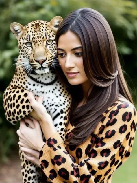 Sanyo S1, a woman holding a leopard