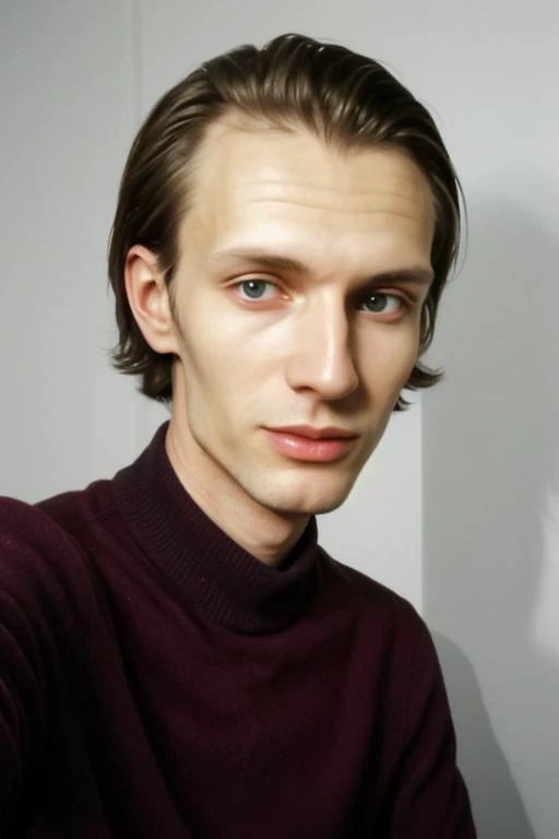 a  slender Slovenian man posing for a selfie, Sony W880i