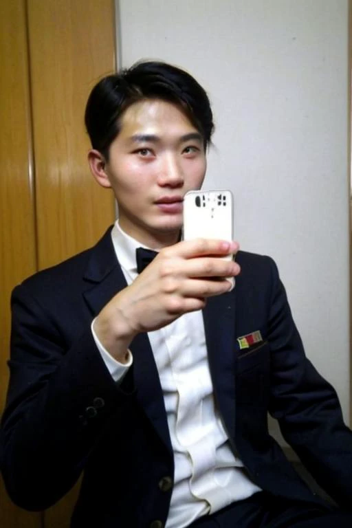 a North Korean elegant man posing for a selfie, Apple iPhone 5s-front <lora:hof:.8>