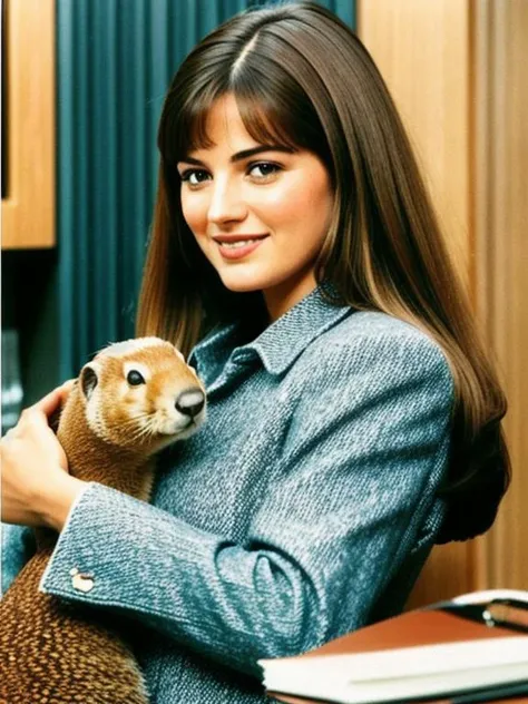 Sanyo J4, a woman holding a ground hog