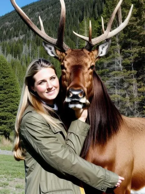 Olympus SZ-31MR, a woman holding a elk <lora:add_detail:1>