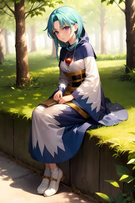 masterpiece, best quality, <lora:IchirinKumoi:1>,1girl, kumoi ichirin, kesa, blue hair, sitting, solo, hood, purple eyes, tree, jewelry, rock, looking at viewer, wide sleeves, long sleeves, hood down, dress, outdoors, nature, shoes, pendant, no headwear, full body, sunlight, forest, necklace, dappled sunlight, white footwear, short hair, day, long hair